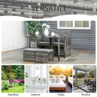 Set 11 Pz Tavolo da Giardino con Sedie, Pouf e Cuscini, in Rattan PE, Grigio