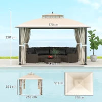 Gazebo da Giardino 3.7 x 3 m con Zanzariera, Tende Laterali e Doppio Tetto, Beige