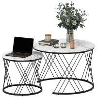 Tavolini da salotto in 2 pezzi, effetto marmo, pannello truciolare, metallo, tavolini rotondi per soggiorno, accostabili, bianco