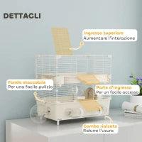 Gabbia per Criceti a 2 Livelli e 3 Porte con Ruota e Tubi, in Acciaio, PS e PP, 44.5x28x44 cm, Crema e Bianco