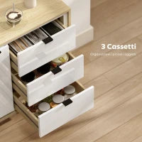 Credenza Moderna con 3 Cassetti e Armadietto, Ripiano Interno Regolabile e Ante Lucide, Bianco e Rovere