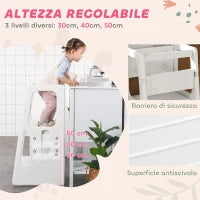 Scaletta per Bambini Torre Montessoriana Altezza Regolabile 3 Livelli, HDPE Inodore, 47x47x90cm, Bianco