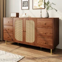 Credenza in rattan con cassetti per cucina e soggiorno, 160x40x90 cm, Marrone