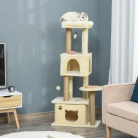 Albero Tiragraffi per Gatti Alto 136 cm con Cuccia Rimovibile, Casetta e Lettino, Pali in Iuta, Beige