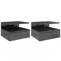 Set da 2 Comodini Moderni Sospesi con Cassetto e Mensola in Legno 35x32x22.5cm, Nero Lucido