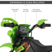 Moto Elettrica per Bambini 3 anni e Più, Moto Cross Elettrica con Rotelle, Batteria 6V Velocità 2.5km/h, 102 x 53 x 66cm, Verde