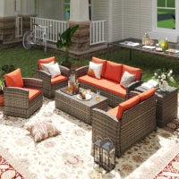 Set da Giardino 6 Pezzi in Rattan con Divani, Poltrone e Tavoli Contenitore, Marrone