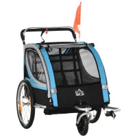 Rimorchio Bici per Bambini e Passeggino 2 in 1 con Cintura,  Tasche e Bandierina, Blu