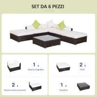 Set Giardino Esterno 6 Pezzi in Rattan PE, Salotto da Giardino con Divano Angolare e Pouf con Cuscini Lavabili, Marrone