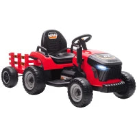 Trattore Elettrico per Bambini con Rimorchio Estraibile Batteria 12V Velocità 3-5 km/h, Telecomando 2,4G Rosso