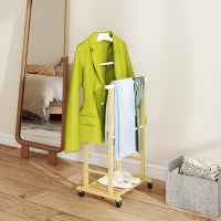 Servomuto in bambù con ruote, Aste per pantaloni e ripiano inferiore per scarpe, Legno Naturale e Bianco