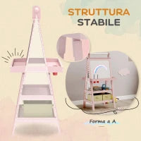Lavagna per Bambini con Cavalletto 3 in 1, Rotolo di Carta e 2 Contenitori, in Legno, 59x48x118 cm, Rosa