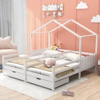 Letto a Casetta con 2 Cassetti su Ruote, Letto per Cameretta, Rete a Doghe, Senza Materasso, in Legno, 200×90 cm, Bianco