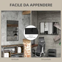 Specchio da Parete in Stile Industriale con 4 Ganci, in Vetro Multistrato, Metallo e MDF, 109x2x69 cm, Nero