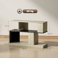 Tavolino a forma S, a 3 livelli con scaffali, 90 x 30 x 61 cm, Legno naturale e nero