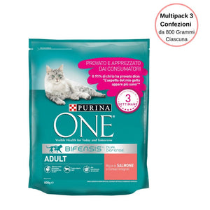 Purina one bifensis crocchette al salmone e cereali per gatto adulto multipack da 3 confezioni da 800 grammi ciascuna