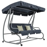 Dondolo da Giardino 3 Posti Convertibile in Letto con Tetto Inclinabile e 2 Tavoli Supporto, Metallo, 2L x 1.2l x 1.64H m, Grigio