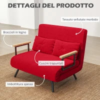 Divano Letto in Tessuto Effetto Velluto con Schienale Regolabile e 2 Cuscini, 102x73x81 cm, Rosso
