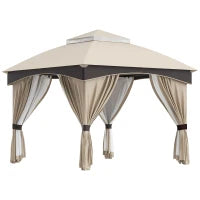 Gazebo da Giardino 3x3m in Acciaio con Doppio Tettuccio e Tende, Beige e Grigio