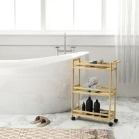 Scaffale da Bagno in Bambù a 3 Livelli con Ruote, Carrello per Cucina, Bagno, Soggiorno, Naturale