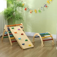 Gioco Arrampicata Bambini con Triangolo e Arco Montessori e Rampa con Pietre in Legno di Pino, 178x64.5x63 cm