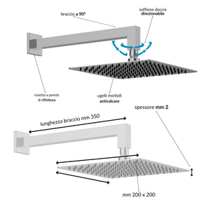 Kit doccia quadro 20x20 cm completo soffione braccio presa acqua doccetta laccio *** tipo di accessorio soffione 2 mm...