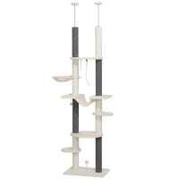 Albero tiragraffi, a soffitto alto, regolabile 225-255 cm, piattaforme & Amache, Dispositivo Anti-Ribaltamento, Bianco