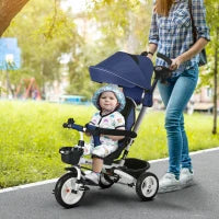 Triciclo Passeggino per Bambini con Maniglione, Parasole Regolabile e Cintura di Sicurezza, Blu Scuro