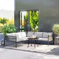 Salotto da Giardino in Rattan con Divano Angolare Modulabile, Tavolino da Caffè e Cuscini, Grigio