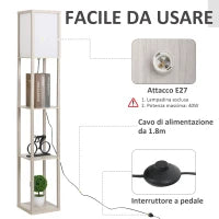 Lampada a Terra 40W con 3 Mensole Integrate e Interruttore a Pedale, Lampada Moderna in MDF e Acrilico, 26x26x160 cm, Rovere