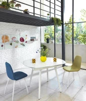 E-STYLO Tavolo allungabile con top bianco in vetro temperato e gambe in metallo bianco, 90cm X 120/180cm H. 76cm.