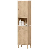Colonna Bagno con Cassetto, 2 Armadietti e Ripiani Regolabili, Ripiano Effetto Marmo, 41.5x30x168 cm, Rovere