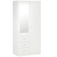 Armadio Moderno Guardaroba 2 Ante con Specchio e 3 Cassetti, Mensole Regolabili e Barra Appendiabiti, 80x50x180cm, Bianco