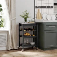 Carrello da Cucina con Ruote, Mensola e Porta Bottiglie, Piano in Acciaio Inox, 60L x 40P x 85A cm, Nero