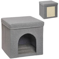 Casetta per Gatti Pieghevole a Cubo con Cuscino e Tappetino Tiragraffi, 36.5x36.5x36.5 cm, Grigio