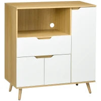 Mobiletto per Microonde con Ripiano Aperto, Armadietti e Cassetto, 90x40x98.5cm Bianco e Legno