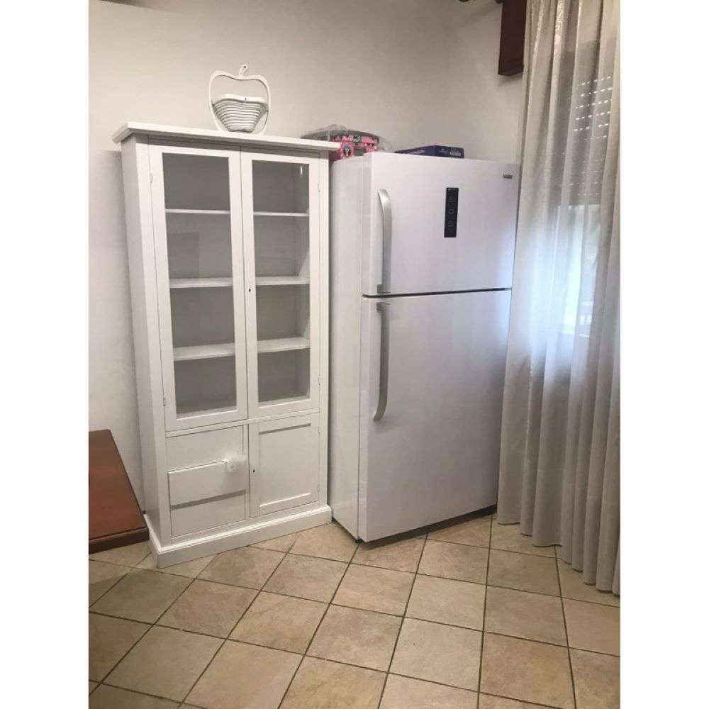 Vetrina 3 ante 3 cassetti arte povera in legno massello e mdf con rifinitura in bianco 90x41x186 H