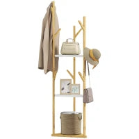 Albero Appendiabiti da Terra in Bambù con 9 Ganci e 3 Ripiani, Legno Naturale e Bianco