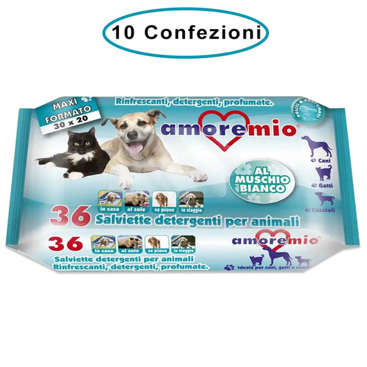 Amore mio salviette detergenti per cani gatti e cuccioli al muschio bianco 10 confezioni da 36 salviette