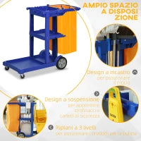 Carrello Pulizie a 3 Ripiani con Ganci e Sacco da 100L, 121x50.5x96.5 cm, Blu Giallo e Grigio