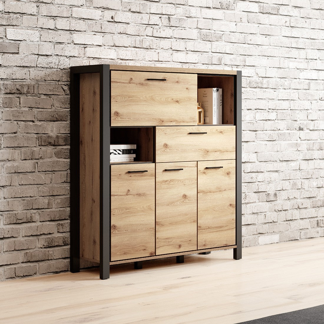 Credenza 4 porte e 1 cassetto collezione BOWIE. Colore quercia e nero. LED inclusi.