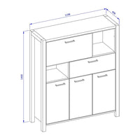 Credenza 4 porte e 1 cassetto collezione BOWIE. Colore quercia e nero. LED inclusi.