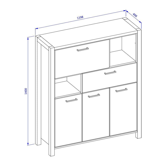 Credenza 4 porte e 1 cassetto collezione BOWIE. Colore quercia e nero. LED inclusi.
