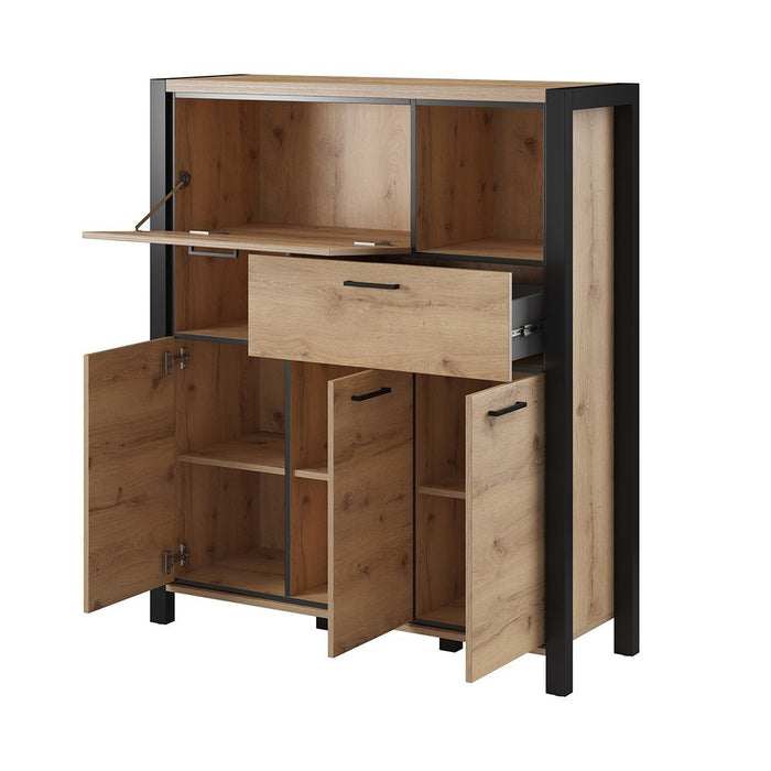 Credenza 4 porte e 1 cassetto collezione BOWIE. Colore quercia e nero. LED inclusi.