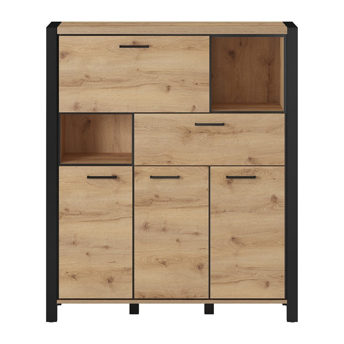 Credenza 4 porte e 1 cassetto collezione BOWIE. Colore quercia e nero. LED inclusi.