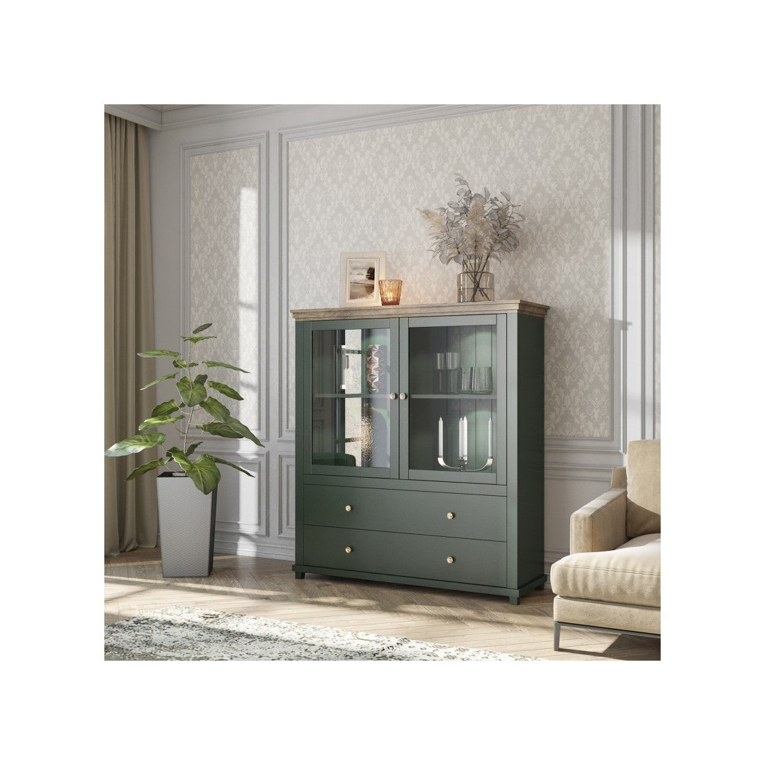 Credenza con LED integrati collezione ASSIA. Colori verde e rovere. 2 Porte e 2 Cassetti.