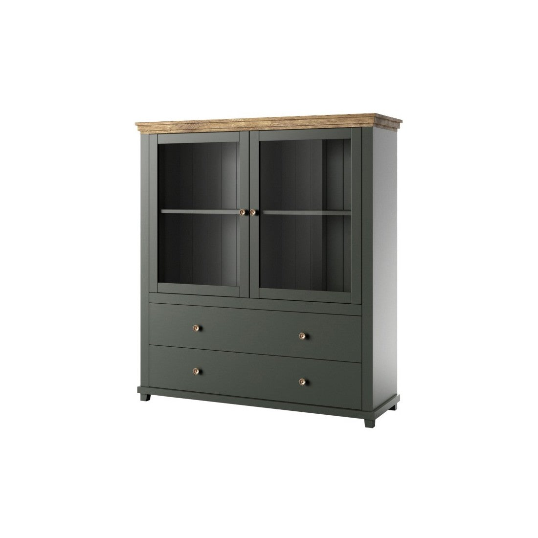 Credenza con LED integrati collezione ASSIA. Colori verde e rovere. 2 Porte e 2 Cassetti.