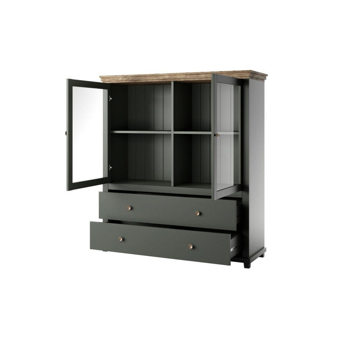 Credenza con LED integrati collezione ASSIA. Colori verde e rovere. 2 Porte e 2 Cassetti.