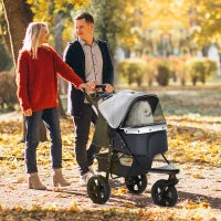 2 in 1 Passeggino per Cani Pieghevole a 3 Ruote con Freno, Cestino Portaoggetti e Porta Bottiglia, in Acciaio e Oxford, Grigio e Nero, 109.5x57.5x106.5cm