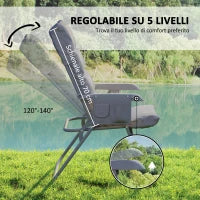 Sedia da Campeggio Pieghevole e Regolabile su 5 Livelli con Tasche Laterali, 66x58x105 cm, Grigio Chiaro
